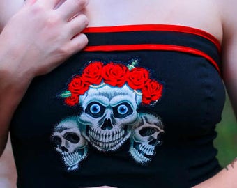 skulls roses strapless dress crinoline size 9 rocknroll fashion stage wear resort wear It's Me Designs up-cycled fashion goth fashion