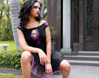 Skull party dress crinoline size 3 rocker goth fashion tattoo purple flowers It's Me Designs up-cycled fashion stage wear macabre