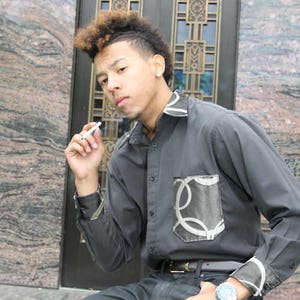 mens shirt size small embelished charcoal gray tapestry OOAK up-cycled fashion office wear button down long sleeve image 5