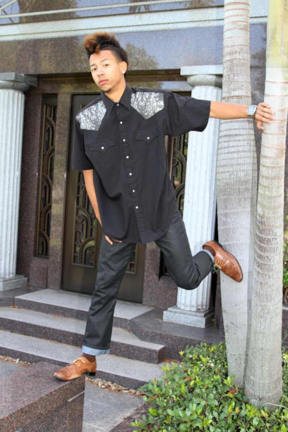 men shirt short sleeve Black size large Cemetery Prints Inc. trees OOAK goth fashion up-cycled fashion rocker stage wear street wear fashion