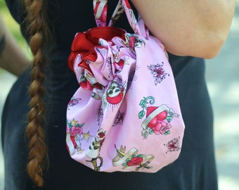 purse bag drawstring pink skulls backpack Its Me Designs rocker tattoo biker hipster roses daggers hearts pouch