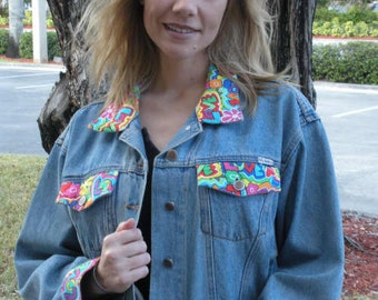 Denim women's size medium Jean Jacket coat hippy psychedelic peace sign love retro up-cycled fashion r Bill Blass  OOAK
