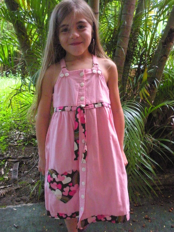 Girls Dress 5T Pink and Brown Heart Up 