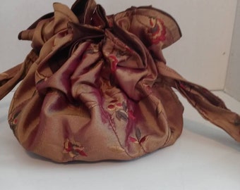 OOAK handbag purse drawstring pouch bag backpack recycled taffeta embroidered wedding party taffeta embroidered evening prom