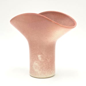 May include: A pink ceramic vase with a flared, petal-like rim. The vase has a cylindrical base that widens to a curved top. The color is a soft, dusty rose with a speckled texture, creating a vintage aesthetic. The vase is suitable for floral arrangements.