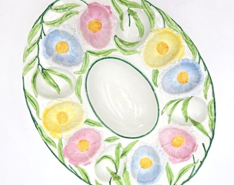 Pastel Floral Ceramic Deviled Egg Platter Oval Spring Easter Flower Italy