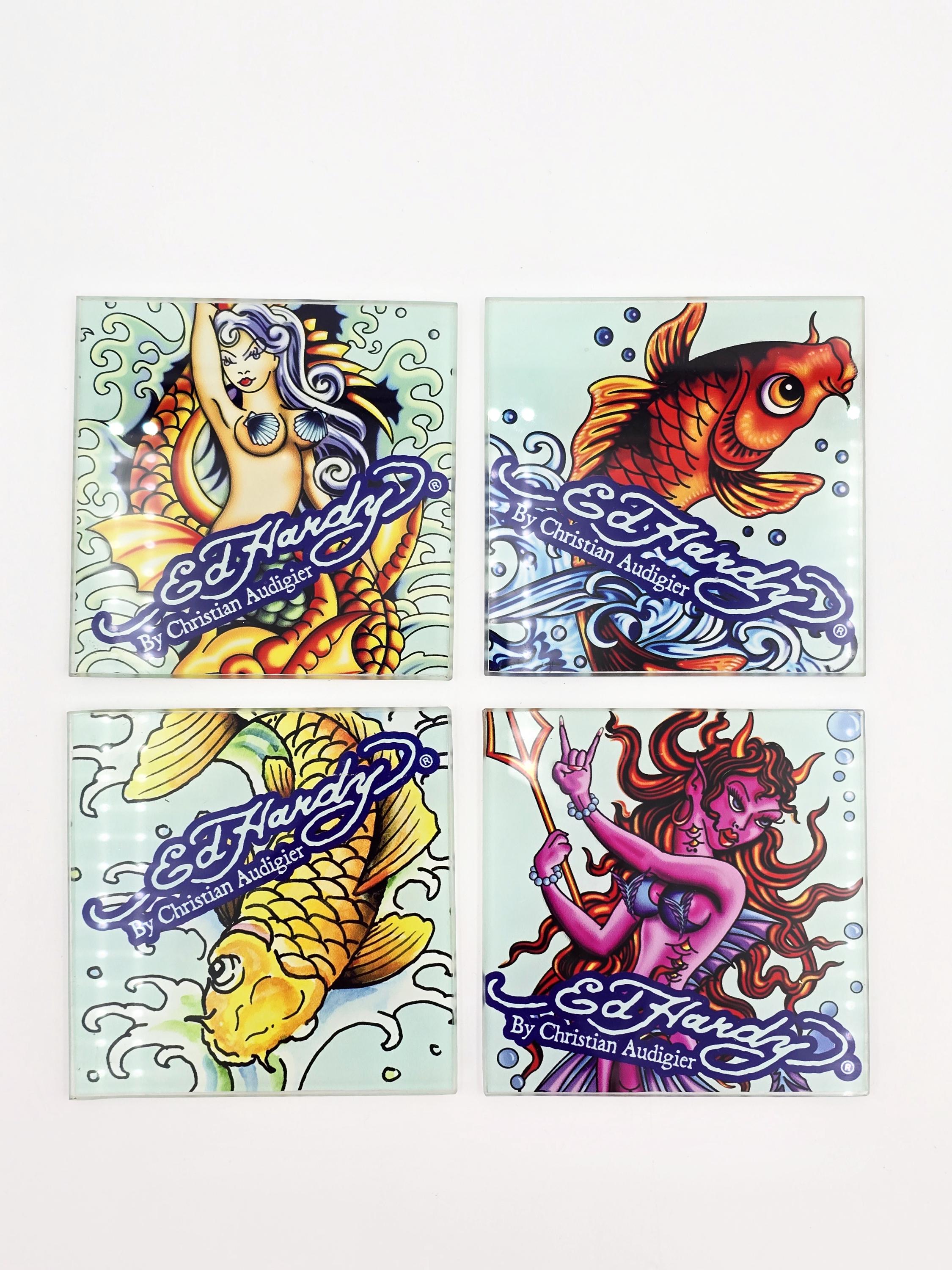 Ed Hardy Tattoo Art Glass Coaster Set With Black Holder by Artist