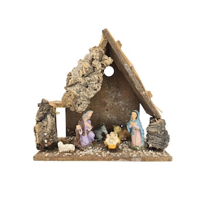 Vintage Italian Nativity Crèche: Rustic Wood Stable, Ceramic Figures