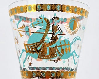 MCM Gold & Turquoise Hi-Ball Drink Glasses | Persian Knight by Napco | Set of 8 in Original Box | Vintage Retro Atomic Design