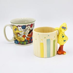 Sesame Street Mugs (Set of 2) Featuring Big Bird, Ernie, Bert, Grover, Cookie Monster, Happy Birthday | Vintage 1980s Gorham