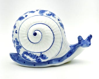 Floral Blue and White Ceramic Snail Figurine Coin Bank | Vintage 1980s Andrea by Sadek