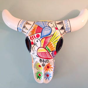 Ceramic Longhorn Skull, Talavera Style, Hand Painted  – Wall Décor