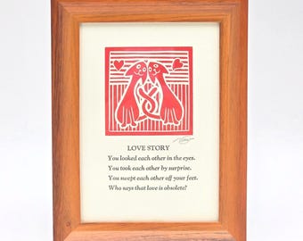 Love Story Red Cats Block Print & Poem Dan Waters Walnut Frame Martha's Vineyard