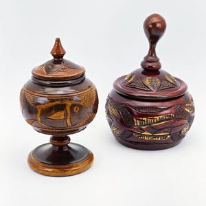 Vintage Carved Wood Tobacco Jar: Haitian Handcrafted Decorative Container