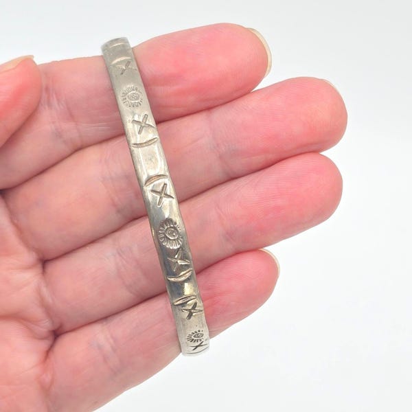 Vintage Taxco Mexico Sterling Silver Bangle Stamped Stars Moon Bracelet 925 Vtg