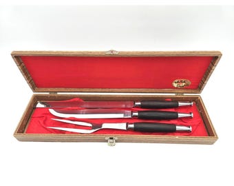 MCM Hull Stainless Cutlery Meat Carving Set Teak Handles in Original Box, Japan