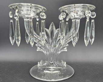 Scalloped Clear Art Deco Double Arm Candelabra with Bobeches and Hanging Prismatic Crystals, 1935-1948, by Fostoria