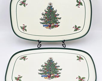 Cuthbertson Original Christmas Tree Serving Tray with Holly & Berries, Narrow Green Band 1985 – 2001