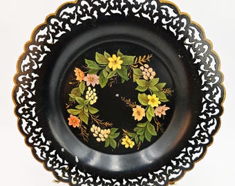 Floral Round Black Tole Tray Hand Painted by Clara Francis, 1960, Signed |  Vintage Décor, Signed Artistry & Collectible Gift