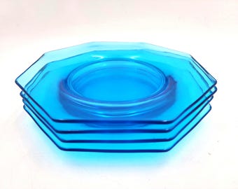 Hazel Atles Capri Octagonal Turquoise Blue Glass Salad Plates, Set of 4
