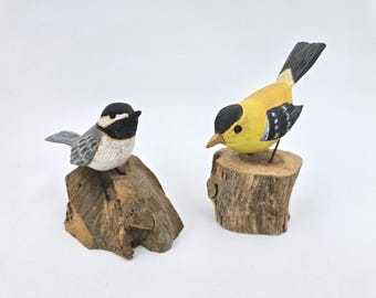 Hand Painted Wooden Chikadee Bird Mounted on Rustic Wood, Signed Eugene Ownby, Sold Individually (Goldfinch is SOLD OUT)