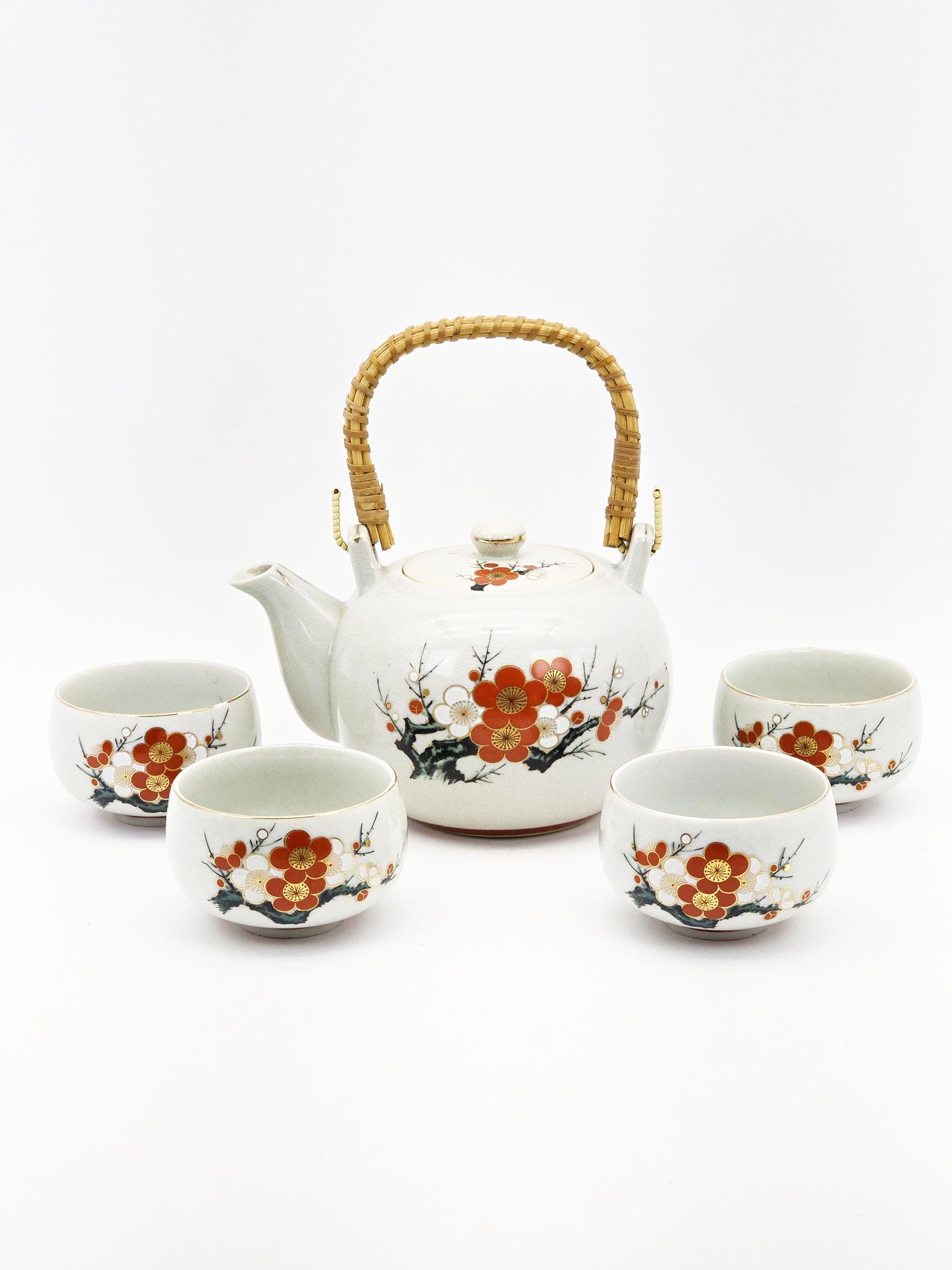 こうちゃ様 Japanese Porcelain Tea Pot & 4 Cups Orange White Flowers Gold
