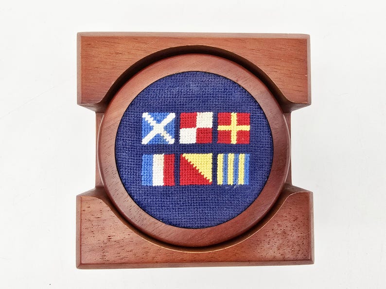 Vintage Nautical Flags Needlepoint Coasters - Smathers & Branson Teak Holder