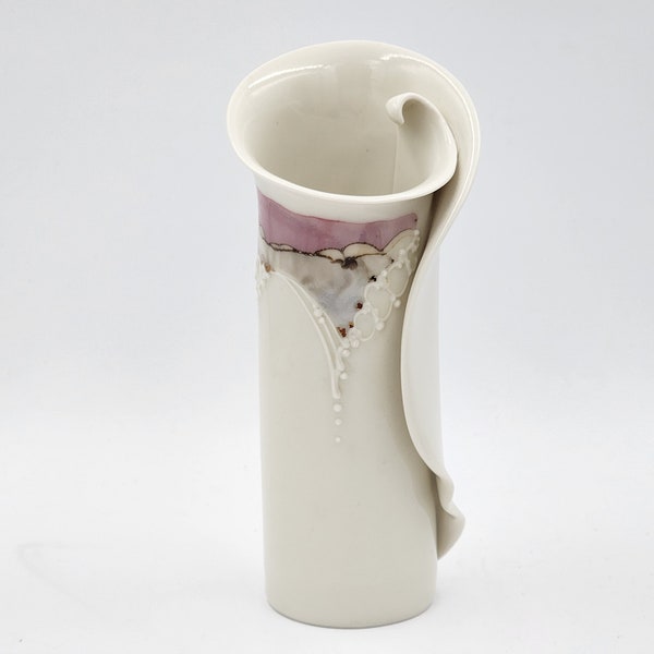 Handcrafted Sculptural Ceramic Vase with Pink, Purple and Gold Abstract Motif by Carolyn Carroll, Signed