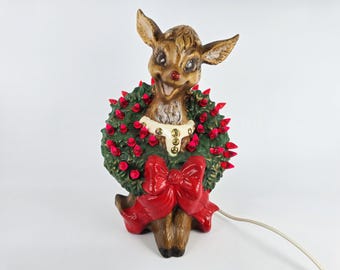 Light Up Ceramic Rudolph the Red Nosed Reindeer with Wreath & Mini Lights | Retro Christmas Décor Collectible