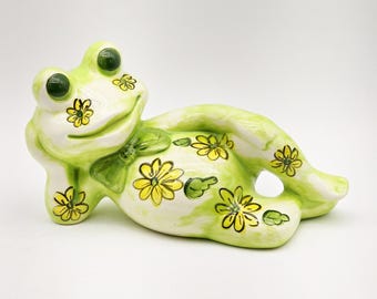 Ceramic Kitschy Green Froggy with Hand Painted Yellow Flowers | Made in Florida | 1970s Flower Power
