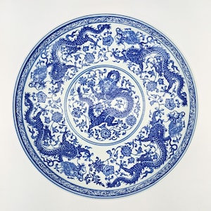 Vintage Blue Dragon Porcelain Bowl: Qinghua Chinese Serving Bowl, 12.25”