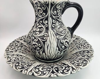 Gothic Black and White Pitcher and Bowl, Signed 1970, Unique Halloween Décor, Vintage Home Accent