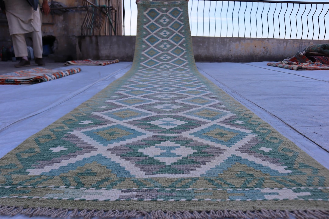 199cm×33cm キリムラグ ランナーラグ ウール コットン ネイティブ柄