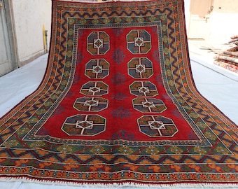 5'3x8'1 Red & Green Afghan Akhcha Handmade Rug, Afghan High Pile Rug Turkmen Bokhara Area rug, Livingroom rug, Tribal Rug Bedroom Office rug