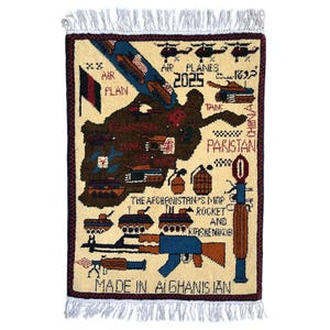 2x3ft Afghan War Rug, Hand-Knotted Afghanistan Map Pictorial Wool Rug