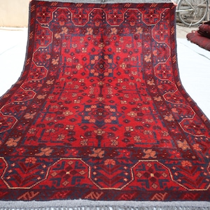 3x5 Ft Afghan outdoor Rug, Red Khal Mohammedi Bukhara Afghan Handmade Rug, Turkmen Oriental Geometric Rug, Living room Décor office Area Rug
