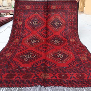 3x5 Ft Red Afghan outdoor Rug, Khal Mohammedi Bukhara Afghan Handmade Rug, Turkmen Oriental Geometric Rug, Living room Décor office Area Rug
