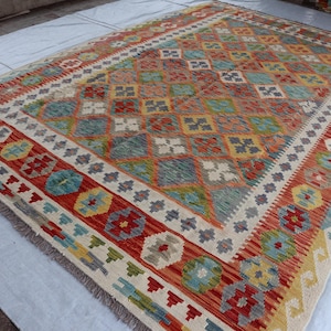 7x10 Stunning Afghan Kilim Rug, Turkmen Tribal rug, Maimana Chubi Kilim Rug, New Flatweave Rug, Vintage rug, Rug for Bedroom, Livingroom Rug
