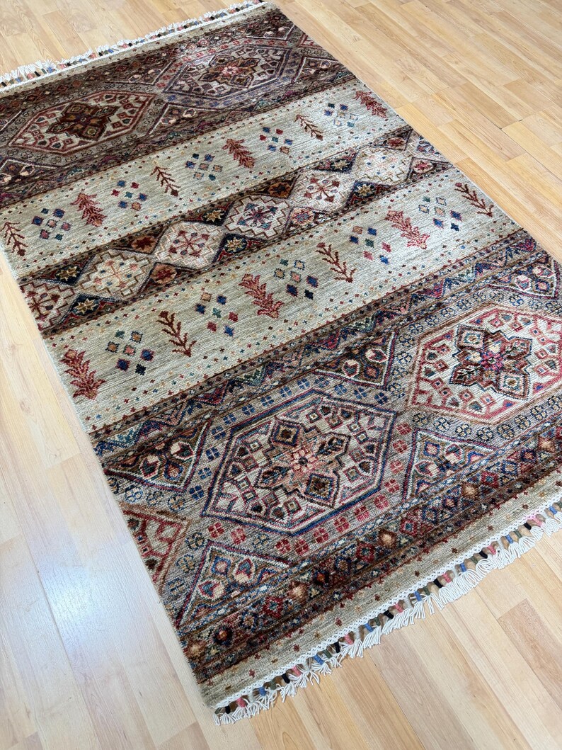 3.3x5 Afghan Khorjin Wool Rug, Hand-knotted Geometric Tribal Accent Rug ...