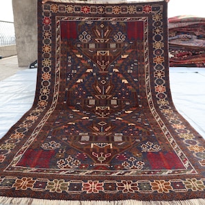 3&#39;11x6&#39;8 Ft Vintage Handmade Oriental Area Rug, Baluchi Area Rug, Baluch Turkmen Geometric Antique Genuine Baluchi Rug, Livingroom Décor Rug
