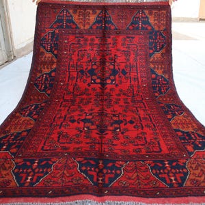 3&#39;2x5&#39;0 Turkmen Oriental Geometric Rug, Red Afghan outdoor Rug, Khal Mohammedi Bukhara Afghan Handmade Rug, Livingroom Décor office Area Rug