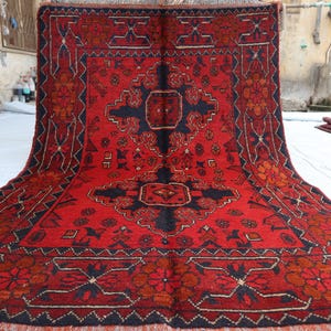 3x5 Ft Khal Mohammedi Bukhara Afghan Handmade Rug, Afghan Bokhara Red Rug, Turkmen Oriental Geometric Rug, Livingroom, Décor office Area Rug