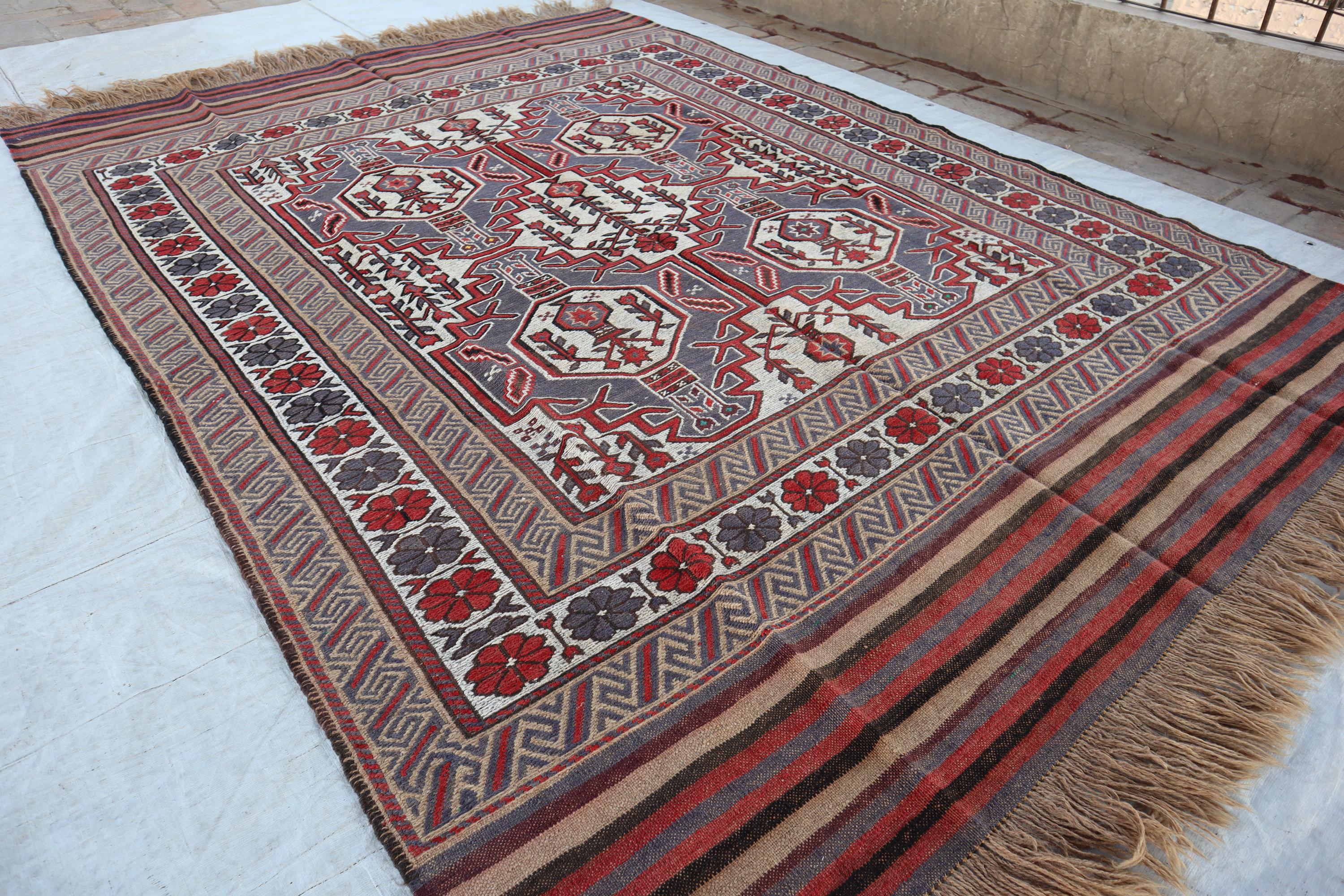 6'1x8'4 アフガニスタンヴィンテージキリムラグ - アンティーク色あせ