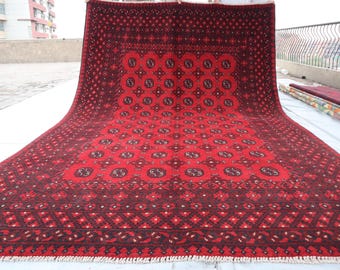 7x10 Ft Red Large Akhcha Large Handmade Area Rug, Afghan High Pile Rug Turkmen Bokhara rug Livingroom rug, Tribal Rug, Bedroom Office Carpet