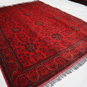Tappeto afgano Bukhara rosso 5 x 7 piedi, tappeto geometrico orientale turkmeno, tappeto afgano fatto a mano Khal Mohammedi Bukhara, tappeto decorativo per soggiorno e ufficio