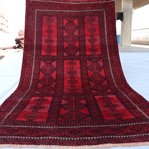 3x6 Ft Afghan Wool Rug, Collectors Piece Antique Rug, Handmade Tribal Baloch Geometric Rug, Livingroom Rug, Oriental Red Baluchi Vintage Rug