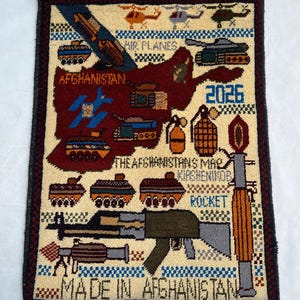 2x3ft Afghan War Rug, Hand-Knotted Afghanistan Map Pictorial Wool Rug