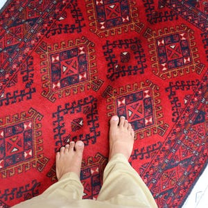 3&#39;5x5&#39;0 Ft Afghan Bokhara Red Rug, Turkmen Oriental Geometric Rug, Khal Mohammedi Bukhara Afghan Handmade Rug, Livingroom, Décor office Rug