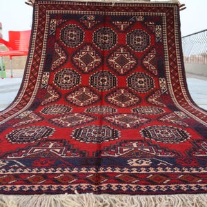 3&#39;10x6&#39;7 Vintage Oriental Area Rug, Red Gorgeous Baluchi Area Rug, Baluch Turkmen Geometric Antique Genuine Baluch Rug, Livingroom Décor Rug