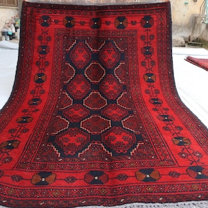 3x5 Ft Khal Mohammedi Bukhara Afghan Handmade Rug, Afghan Red Bokhara Rug, Turkmen Oriental Geometric Rug, Livingroom, Décor office Area Rug